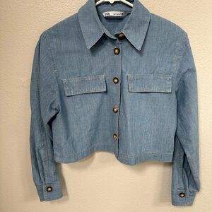 Zara Blue Cotton Cropped Shirt